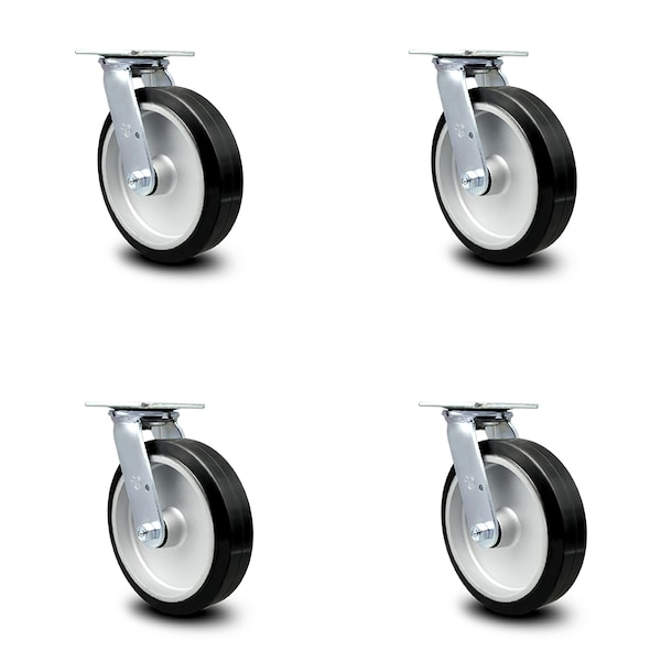 8 Inch Rubber on Aluminum Caster Set with Roller Bearing and Swivel Lock SCC